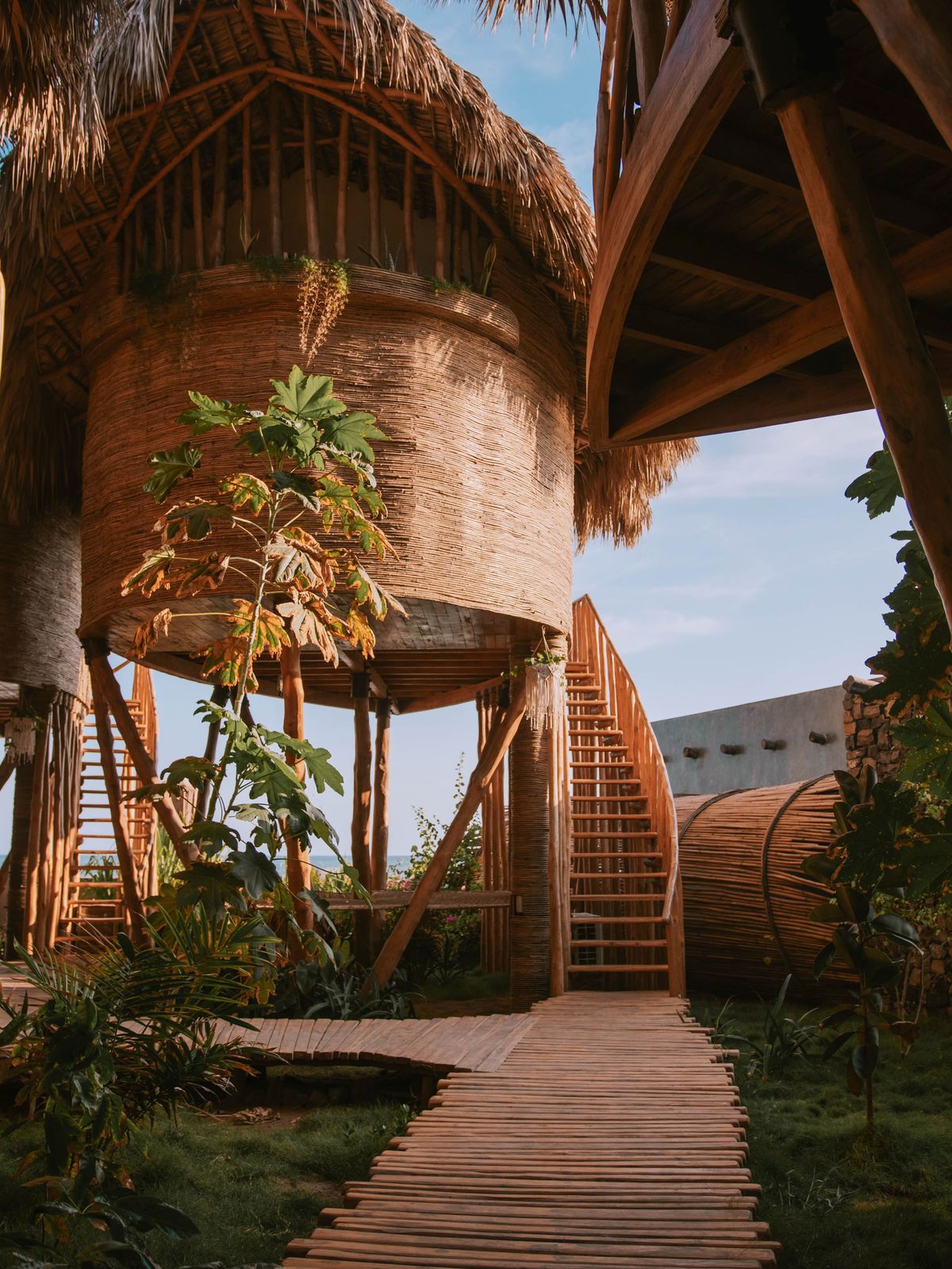 The timber boardwalk leading in through the palms at Mizata
