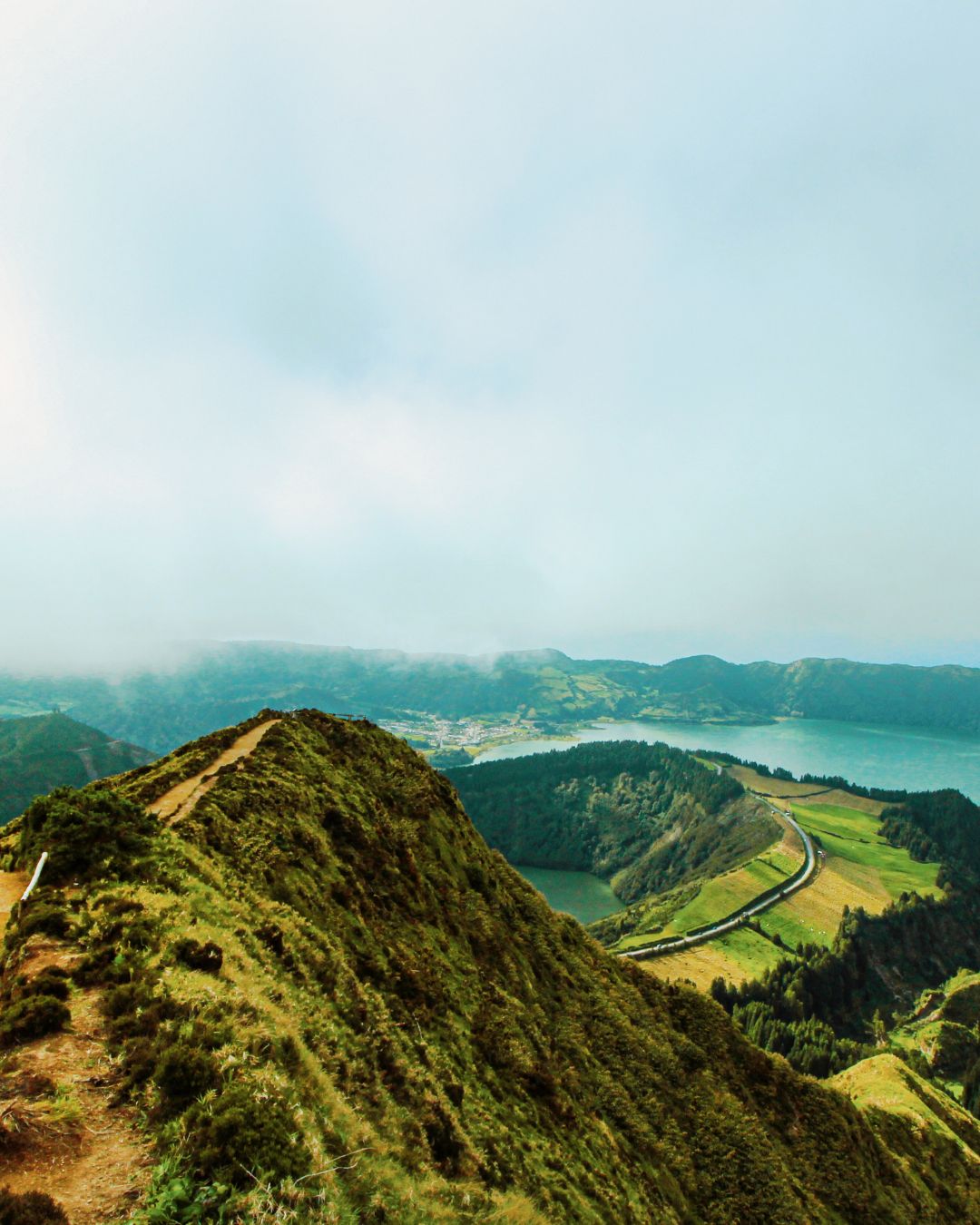 A ridge trail above the crater lakes of Sete Cidades in the Azores